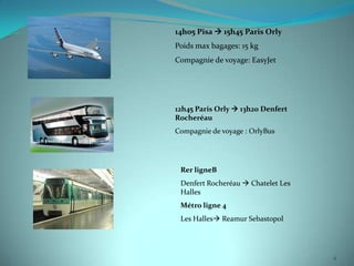 14h05 Pisa  15h45 Paris Orly
Poids max bagages: 15 kg
Compagnie de voyage: EasyJet




12h45 Paris Orly  13h20 Denfert
Rocheréau
Compagnie de voyage : OrlyBus




 Rer ligneB
 Denfert Rocheréau  Chatelet Les
 Halles
 Métro ligne 4
 Les Halles Reamur Sebastopol




                                    4
 