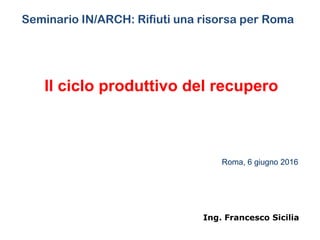 Ing. Francesco Sicilia
Roma, 6 giugno 2016
Il ciclo produttivo del recupero
Seminario IN/ARCH: Rifiuti una risorsa per Roma
 