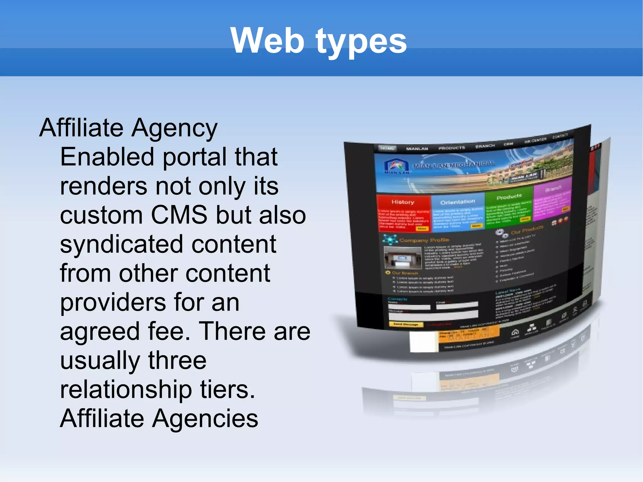 Web types Affiliate Agency  Enabled portal that renders not only its custom CMS but also syndicated content from other content providers for an agreed fee. There are usually three relationship tiers. Affiliate Agencies 