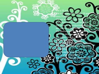 Elle a 50 ans .
Elle a en train de travailler 23 ans
dans l’ESANS.
Elle est née le 27 juin 1961.
Elle adore être avec sa famille.
Elle aime de sa profession apprendre
des valeurs à ses élèves.
Elle souhaiterait que ses élèves
auraient désir pour apprendre.
Elle adore tout de l’ESANS.
Elle aime le couleur noir.
Elle a étudié à l’Université Anáhuac.
Elle déteste la perte des valeurs en
les familles.
Elle voyagera à Cuernavaca.
Elle va aller à l’auditoire.
Elle était en train de qualifier des
cahiers.
 