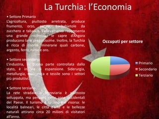 La Turchia: l’Economia
• Settore Primario
L’agricoltura, piuttosto arretrata, produce
frumento, orzo, patate, barbabietole da
zucchero e tabacco. L’allevamento rappresenta
una grande ricchezza: le capre d’Angora
producono lane pregiatissime. Inoltre, la Turchia
è ricca di risorse minerarie quali carbone,
argento, ferro, rame e oro.
• Settore secondario
L’industria, in buona parte controllata dallo
stato, è in via di espansione. Siderurgia,
metallurgia, meccanica e tessile sono i settori
più produttivi.
• Settore terziario
La rete stradale e ferroviaria è piuttosto
sviluppata, ma perlopiù nelle zone occidentali
del Paese. Il turismo è un’enorme risorsa: le
località balneari, le città d’arte e le bellezze
naturali attirano circa 20 milioni di visitatori
all’anno.
Occupati per settore
Primario
Secondario
Terziario
 