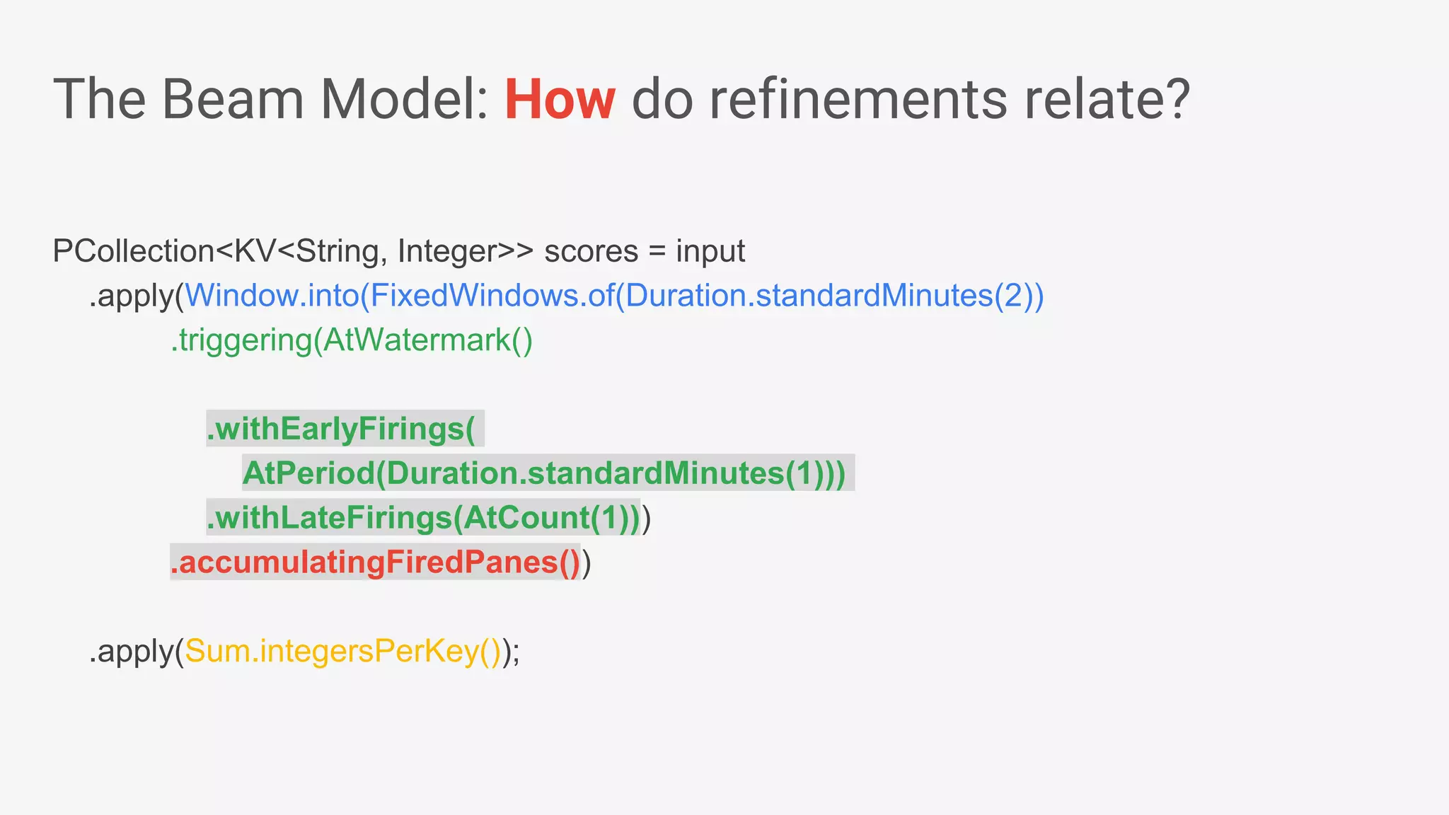PCollection<KV<String, Integer>> scores = input .apply(Window.into(FixedWindows.of(Duration.standardMinutes(2)) .triggering(AtWatermark() .withEarlyFirings( AtPeriod(Duration.standardMinutes(1))) .withLateFirings(AtCount(1))) .accumulatingFiredPanes()) .apply(Sum.integersPerKey()); The Beam Model: How do refinements relate? 