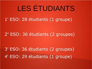 LES ÉTUDIANTS
1r
ESO: 28 étudiants (1 groupe)
2n
ESO: 36 étudiants (2 groupes)
3r
ESO: 36 étudiants (2 groupes)
4t
ESO: 29 étudiants (1 groupe)
 