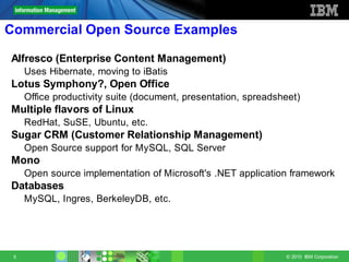 Commercial Open Source Examples

Alfresco (Enterprise Content Management)
     Uses Hibernate, moving to iBatis
Lotus Symphony?, Open Office
     Office productivity suite (document, presentation, spreadsheet)
Multiple flavors of Linux
     RedHat, SuSE, Ubuntu, etc.
Sugar CRM (Customer Relationship Management)
     Open Source support for MySQL, SQL Server
Mono
     Open source implementation of Microsoft's .NET application framework
Databases
     MySQL, Ingres, BerkeleyDB, etc.




 5                                                              © 2010 IBM Corporation
 