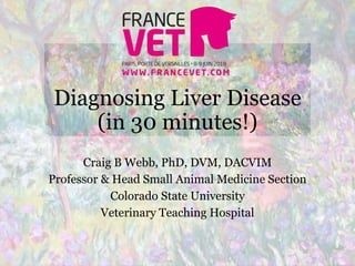 Diagnosing Liver Disease
(in 30 minutes!)
Craig B Webb, PhD, DVM, DACVIM
Professor & Head Small Animal Medicine Section
Colorado State University
Veterinary Teaching Hospital
 