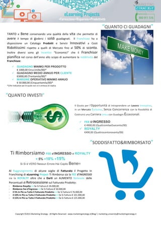 Copyright ©2015 Marketing Strategy - All Rights Reserved - www.marketingstrategy.it/Blog/ | marketing.university@marketingstrategy.it
“QUANTO CI GUADAGNI”
“QUANTO INVESTI”
“SODDISFATTO&RIMBORSATO”
TANTO e Bene conservando una qualità della vita che permette di
avere il tempo di godersi i soldi guadagnati. Il Franchisee ha a
disposizione un Catalogo Prodotti e Servizi Innovativi a Costi
Ridottissimi rispetto a quelli di Mercato fino al 50% di sconto.
Inoltre diversi sono gli Incentivi “Economici” che il Franchisor
pianifica nel corso dell’anno allo scopo di aumentare la redditività del
Franchisee:
 GUADAGNO MINIMO PER PRODOTTO
€ 1000,00 Circa (mille/00)*
 GUADAGNO MEDIO ANNUO PER CLIENTE
€3000,00 (Trentamila/00)*
 MARGINE OPERATIVO MINIMO ANNUO
€ 50.000,00 (Cinquantamila/00)*
*Cifre Indicative per le quale non vi è certezza di replica
Il Giusto per l’Opportunità di Intraprendere un Lavoro Innovativo,
in un Mercato Esclusivo, Senza Concorrenza con la Possibilità di
Costruirsi una Carriera Unica con Guadagni Eccezionali.
 FEE D’INGRESSO
€ 4900,00 (QuattromilaeDuecento/00)
 ROYALTY
€490,00 (Quattrocentonovanta/00)
Ti Rimborsiamo FEE d’INGRESSO e ROYALTY
+ 5% +10% +15%
Si Si è VERO Nessun Errore Hai Capito Bene!!!
Al Raggiungimento di alcune soglie di Fatturato il Progetto In
Franchising di eLearning Project Ti Rimborsa sia la FEE d’INGRESSO
sia la ROYALTY oltre che a Darti un AUMENTO Notevole delle
Percentuali di Retrocessione sul Fatturato Prodotto:
- Rimborso Royalty>>>Se Si Fattura € 26.000,00
- Rimborso Fee d’Ingresso>>>Se Si Fattura € 50.000,00
- il 5% In Più su Tutto il Fatturato Prodotto>>>Se Si Fattura € 76.000,00
- il 10% In Più su Tutto il Fatturato Prodotto>>>Se Si Fattura € 101.000,00
- il 15% In Più su Tutto il Fatturato Prodotto>>>Se Si Fattura € 125.000,00
 