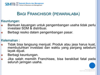 Sekolah Bisnis dan Manajemen
School of Business and Management
BAGI FRANCHISOR (PEWARALABA)
Keuntungan:
Bantuan keuangan untuk pengembangan usaha tidak perlu
investasi SDM & distribusi.
Berbagi resiko dalam pengembangan pasar.
Kelemahan :
Tidak bisa langsung menjual. Produk atau jasa harus kuat,
membutuhkan investasi dan waktu yang panjang sebelum
layak dijual.
Berbagi keuntungan.
Jika salah memilih Franchisee, bisa berakibat fatal pada
seluruh jaringan usaha.
 
