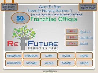 Property Inquiry

Want To Start
Property Broking Business ??

85119 69111
85119 68111

Franchise Inquiry

092276 33336

Join with Gujarat No # 1 Real Estate Franchise Network

50+ Franchise Offices
400 +

PROJECTS

25000 +

PROPERTIES

5000 +

SHOPPE

AHMEDABAD

VADODARA

SURAT

RAJKOT

ANAND

GANDHINAGAR

NAVSARI

VALSAD

SANAND

DAHOD

www.refuture.in

 