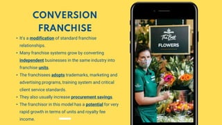 CONVERSION
FRANCHISE
• It's a modification of standard franchise
relationships.
• Many franchise systems grow by converting
independent businesses in the same industry into
franchise units.
• The franchisees adopts trademarks, marketing and
advertising programs, training system and critical
client service standards.
• They also usually increase procurement savings.
• The franchisor in this model has a potential for very
rapid growth in terms of units and royalty fee
income.
 