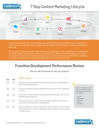 Measure
Goals
Strategy
Calendar
ProducePublish
Engage
Copyright © 2014 Cadence9®
| Franchise Development Performance Review
Cadence9’s®
business practices and technology are rooted in the concept that an effective content marketing strat-
egy has seven actionable steps: Goals, Strategy, Editorial Calendar, Content Production, Publishing, Engaging and
Measuring.
Our purpose in working through these steps with clients is to create technical and tactical efficiencies to help franchi-
sors deliver valuable, non-interruptive content on a consistent basis. Efficiencies in performing these seven steps in
your social media and content marketing lead to generating consumer action, better customer retention, establishing
your brand as a thought leader, improving lead generation and increased franchise sales.
Franchise Development Performance Review
Step 1 - Goals
We have set goals for 2014 for content and social media marketing that per-
tain to franchise development.
Everyone involved in Franchise development team knows what our goals are
for 2014.
Our content and social media marketing goals positively align with our over-
all 2014 business objectives.
We are clear on how we will measure our results to determine the success of
our content and social media marketing efforts.
We have defined our franchise candidate’s “Buyer’s Journey” and considered
these needs into our content marketing planning to develop content to support
our sales process.
	 
	 
	 
	 
	 
Yes No
Choose 1-3 goals to work on
for the year. Use the SMART
goal-setting formula to ensure
your goals are:
•Specific
•Measurable
•Attainable
•Realistic
•Timeframe
Take our self-assessment to rate your progress:
7 Step Content Marketing Lifecycle
 