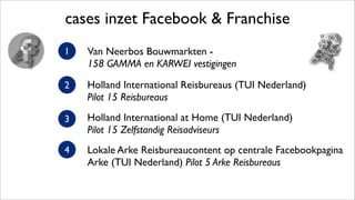 cases inzet Facebook & Franchise
2
3
1
4
Van Neerbos Bouwmarkten -
158 GAMMA en KARWEI vestigingen
Holland International Reisbureaus (TUI Nederland)
Pilot 15 Reisbureaus
Holland International at Home (TUI Nederland)
Pilot 15 Zelfstandig Reisadviseurs
Lokale Arke Reisbureaucontent op centrale Facebookpagina
Arke (TUI Nederland) Pilot 5 Arke Reisbureaus
 