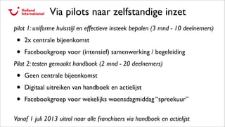 Via pilots naar zelfstandige inzet
pilot 1: uniforme huisstijl en effectieve insteek bepalen (3 mnd - 10 deelnemers)
• 2x centrale bijeenkomst
• Facebookgroep voor (intensief) samenwerking / begeleiding
Pilot 2: testen gemaakt handboek (2 mnd - 20 deelnemers)
• Geen centrale bijeenkomst
• Digitaal uitreiken van handboek en actielijst
• Facebookgroep voor wekelijks woensdagmiddag “spreekuur”
Vanaf 1 juli 2013 uitrol naar alle franchisers via handboek en actielijst
 