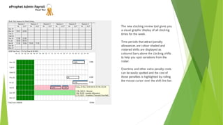 eProphet Admin Payroll
Visual Tour
The new clocking review tool gives you
a visual graphic display of all clocking
times for the week.
Time periods that attract penalty
allowances are colour shaded and
rostered shifts are displayed as
coloured bars above the clocking shifts
to help you spot variations from the
roster.
Overtime and other extra penalty costs
can be easily spotted and the cost of
those penalties is highlighted by rolling
the mouse cursor over the shift line bar.
 