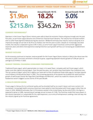 8 | P a g e
INDUSTRY ANALYSIS SUMMARY: FROZEN YOGURT STORES IN THE US
CURRENT PEFORMANCE 1
Operators in the Frozen Yogurt Stores industry were able to beat the economic freeze and grow strongly over the past
five years, as tart frozen yogurt became one of America’s favorite frozen desserts. The industry has remained resilient
even as other food segments faltered during the recession. IBISWorld estimates that industry revenue will grow at an
impressive average annual rate of 18.2% to $1.9 billion over the five years to 2015. Despite an increasingly saturated
market, the industry is expected to grow 3.9% in 2015, as some frozen yogurt franchises continue their aggressive
expansion plans and others that experience slowing franchise count growth will focus on increasing per establishment
revenue.
MARKET OUTLOOK
As the economy continues to improve, revenue growth for the Frozen Yogurt Stores industry is likely to be robust over the
five years to 2020. Consumer sentiment is forecast to grow, supporting expected industry growth of 5.0% per year on
average to $2.4 billion in 2020.
MARKET TRENDS: CHANGING CONSUMER PREFERENCES
Traditional frozen yogurt, which approximates ice cream in its sweet flavor, competes with tart frozen yogurt, which
tastes more like original cultured yogurt. Over the past five years, tart varieties have fared better than traditional ones.
The tart variety of yogurt, which has a slightly sour taste akin to that of traditional Greek-style yogurts, has been popular
since Pinkberry introduced the flavor in 2005. The increasing popularity of the dessert has enabled the rapid franchise
growth of well-known brands like Yogurtland, Red Mango and Menchie’s, which has made this industry one of the
foodservice sector’s biggest success stories of the past decade.
A HEALTH DRIVEN BOOM
Frozen yogurt is famous for its nutritional quality and has branded itself as ice cream’s leaner and more nutrient-rich
counterpart. Increasingly health-conscious Americans have opted to treat themselves with frozen yogurt rather than ice
cream In 2010, IBISWorld estimates that 1,274 locations existed in the United States; by the end of 2015, this figure is
expected to grow to 2,896, representing an average annual increase of 17.8%. The franchise model that many players in
the industry specialize in is responsible for this rapid expansion, as an army of entrepreneurs seeking a low-cost way into
the industry signed up for franchise agreements.
1
“Frozen Yogurt Stores in the U.S.” IBISWorld. 2016. Obtained at www.ibisworld.com.
 