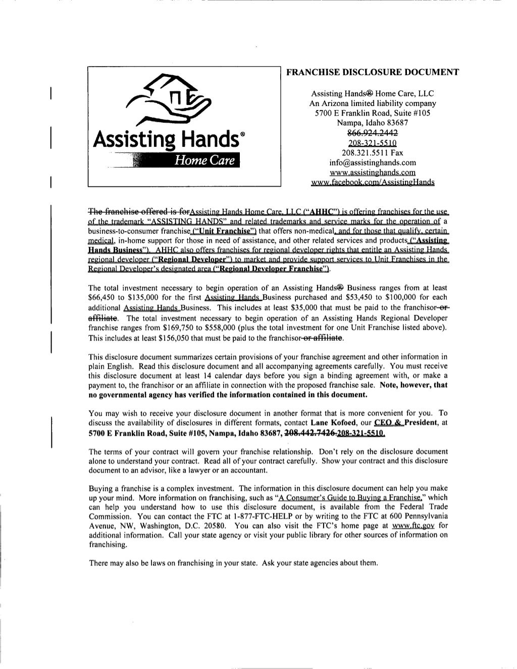 Franchise disclosure document (fdd) assisting hands home care