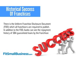 Historical Success 
Of Franchises 
There is the Uniform Franchise Disclosure Document 
(FDD) which all franchisors are req...