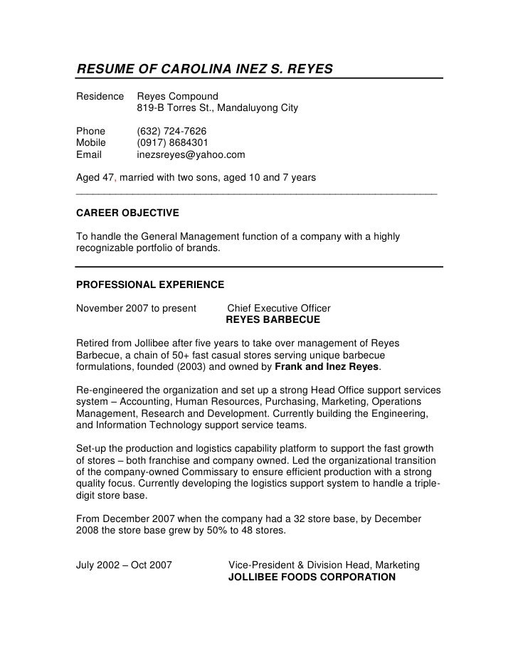 Resume Resume Example Jollibee franchise info isr resume 7 10 09 of carolina inez s reyesresidencereyes compound