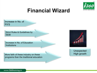 Financial Wizard  Unexpected High growth Increase in No. of FII’S Strict Rules & Guidelines by SEBI Increase in No. of Education Institutions  More faith of these industry on these programs than the traditional education  
