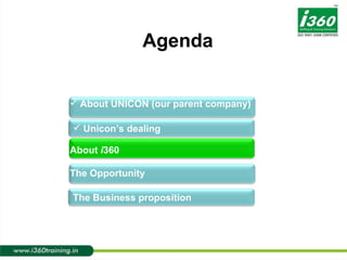 About UNICON (our parent company) About  i 360 The Opportunity Agenda Unicon’s dealing  The Business proposition 