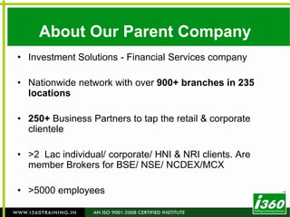 About Our Parent CompanyInvestment Solutions - Financial Services companyNationwide network with over 900+ branches in 235 locations250+ Business Partners to tap the retail & corporate clientele>2  Lacindividual/ corporate/ HNI & NRI clients. Are member Brokers for BSE/ NSE/ NCDEX/MCX>5000 employees