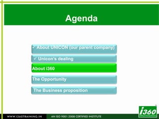 Agenda About UNICON (our parent company)About i360The OpportunityUnicon’sdealing The Business proposition