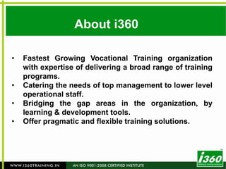 About i360Fastest Growing Vocational Training organization with expertise of delivering a broad range of training programs.