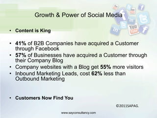 Growth & Power of Social Media
•  Content is King
•  41% of B2B Companies have acquired a Customer
through Facebook
•  57% of Businesses have acquired a Customer through
their Company Blog
•  Company websites with a Blog get 55% more visitors
•  Inbound Marketing Leads, cost 62% less than
Outbound Marketing
•  Customers Now Find You
www.sayconsultancy.com
©2011SAPAG.	
  
 