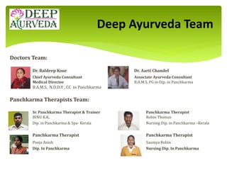 Doctors Team:
Dr. Baldeep Kour Dr. Aarti Chandel
Chief Ayurveda Consultant Associate Ayurveda Consultant
Medical Director B.A.M.S, PG in Dip. in Panchkarma
B.A.M.S, N.D.D.Y , CC in Panchkarma
Panchkarma Therapists Team:
Sr. Panchkarma Therapist & Trainer Panchkarma Therapist
BINU K.K. Robin Thomas
Dip. in Panchkarma & Spa- Kerala Nursing Dip. in Panchkarma –Kerala
Panchkarma Therapist Panchkarma Therapist
Pooja Anish Saumya Robin
Dip. In Panchkarma Nursing Dip. In Panchkarma
Deep Ayurveda Team
 