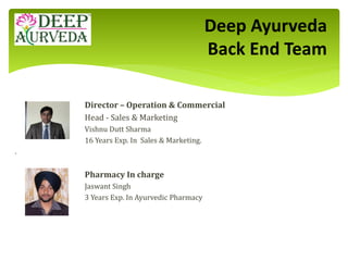 Director – Operation & Commercial
Head - Sales & Marketing
Vishnu Dutt Sharma
16 Years Exp. In Sales & Marketing.
.
Pharmacy In charge
Jaswant Singh
3 Years Exp. In Ayurvedic Pharmacy
Deep Ayurveda
Back End Team
 