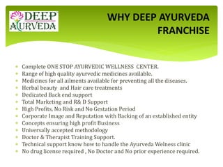  Complete ONE STOP AYURVEDIC WELLNESS CENTER.
 Range of high quality ayurvedic medicines available.
 Medicines for all ailments available for preventing all the diseases.
 Herbal beauty and Hair care treatments
 Dedicated Back end support
 Total Marketing and R& D Support
 High Profits, No Risk and No Gestation Period
 Corporate Image and Reputation with Backing of an established entity
 Concepts ensuring high profit Business
 Universally accepted methodology
 Doctor & Therapist Training Support.
 Technical support know how to handle the Ayurveda Welness clinic
 No drug license required , No Doctor and No prior experience required.
WHY DEEP AYURVEDA
FRANCHISE
 