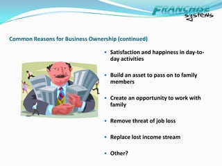 Common Reasons for Business Ownership (continued)Satisfaction and happiness in day-to-day activities