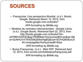 SOURCES
 Franquicias: Una perspectiva Mundial. (n.d.). Books
Google. Retrieved March 12, 2013, from
books.google.com.co/books?
APA formatting by BibMe.org.
 Modelos de contratos internacionales - Google Libros.
(n.d.). Google Books. Retrieved April 22, 2013, from
http://books.google.com.co/books?id=-
xdYM6VXZXQC&pg=PA86&dq=franquicias&hl=es&sa=X&
ei=GcNHUYmTK4O08QS9wIHgBQ&ved=0CF4Q6AEwCA
#v=onepage&q=franquicias&f=false
APA formatting by BibMe.org.
 Busca Franquicias. (n.d.). Web PDF. Retrieved April
12, 2013, from winred.com/biblioteca/franquicias.pdf
APA formatting by BibMe.org.
 