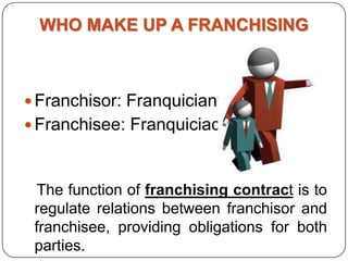 WHO MAKE UP A FRANCHISING
 Franchisor: Franquiciante
 Franchisee: Franquiciado
The function of franchising contract is to
regulate relations between franchisor and
franchisee, providing obligations for both
parties.
 