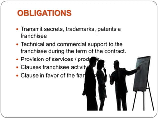OBLIGATIONS
 Transmit secrets, trademarks, patents a
franchisee
 Technical and commercial support to the
franchisee during the term of the contract.
 Provision of services / products
 Clauses franchisee activity
 Clause in favor of the franchisee
 