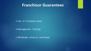 Use of Company name
Management Training
Wholesale prices on purchases
Franchisor Guarantees
 
