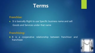 Terms
Franchise:
 It is basically Right to use Specific business name and sell
Goods and Services under that name
Franchising:
 It is a cooperative relationship between franchisor and
franchisee
 