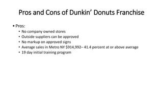 Pros and Cons of Dunkin’ Donuts Franchise
•Pros:
• No company owned stores
• Outside suppliers can be approved
• No markup on approved signs
• Average sales in Metro NY $914,992– 41.4 percent at or above average
• 19 day initial training program
 