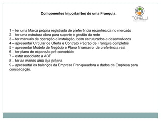 Componentes importantes de uma Franquia: 1 – ter uma Marca própria registrada de preferência reconhecida no mercado 2 – ter uma estrutura clara para suporte e gestão da rede 3 – ter manuais de operação e instalação, bem estruturados e desenvolvidos 4 – apresentar Circular de Oferta e Contrato Padrão de Franquia completos  5 – apresentar Modelo de Negócio e Plano financeiro  de preferência real 6 – ter plano de expansão pré concebido 7 – estar associado a ABF 8 – ter ao menos uma loja própria 9 – apresentar os balanços da Empresa Franqueadora e dados da Empresa para consolidação. 