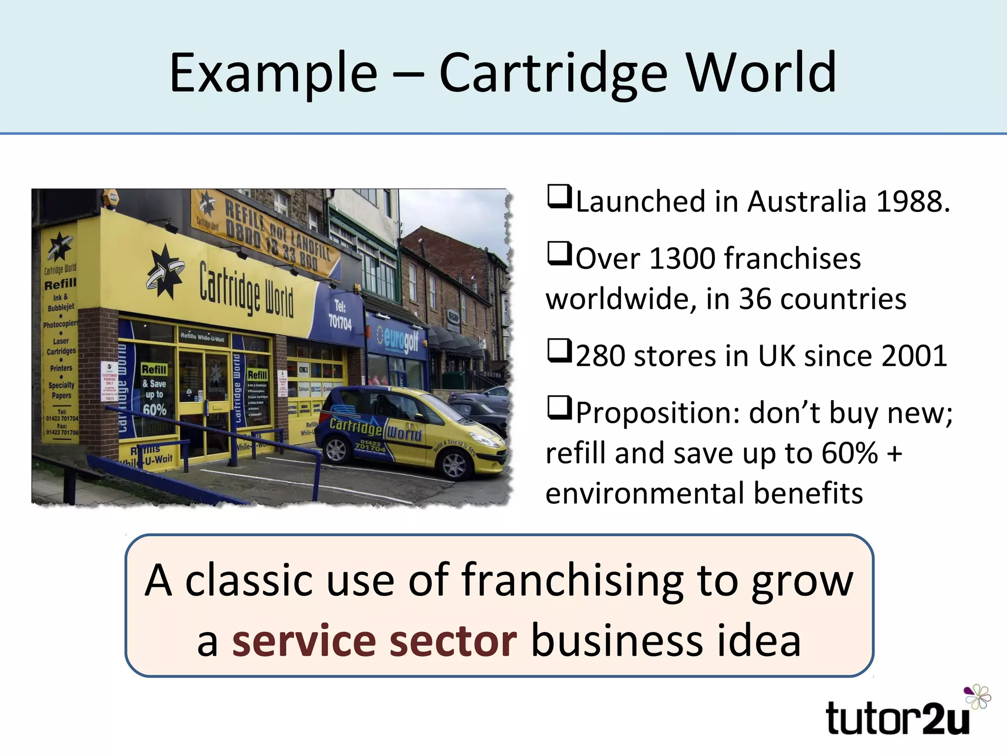 Example – Cartridge World
                    Launched in Australia 1988.
                    Over 1300 franchises
                    worldwide, in 36 countries
                    280 stores in UK since 2001
                    Proposition: don’t buy new;
                    refill and save up to 60% +
                    environmental benefits

A classic use of franchising to grow
   a service sector business idea
 