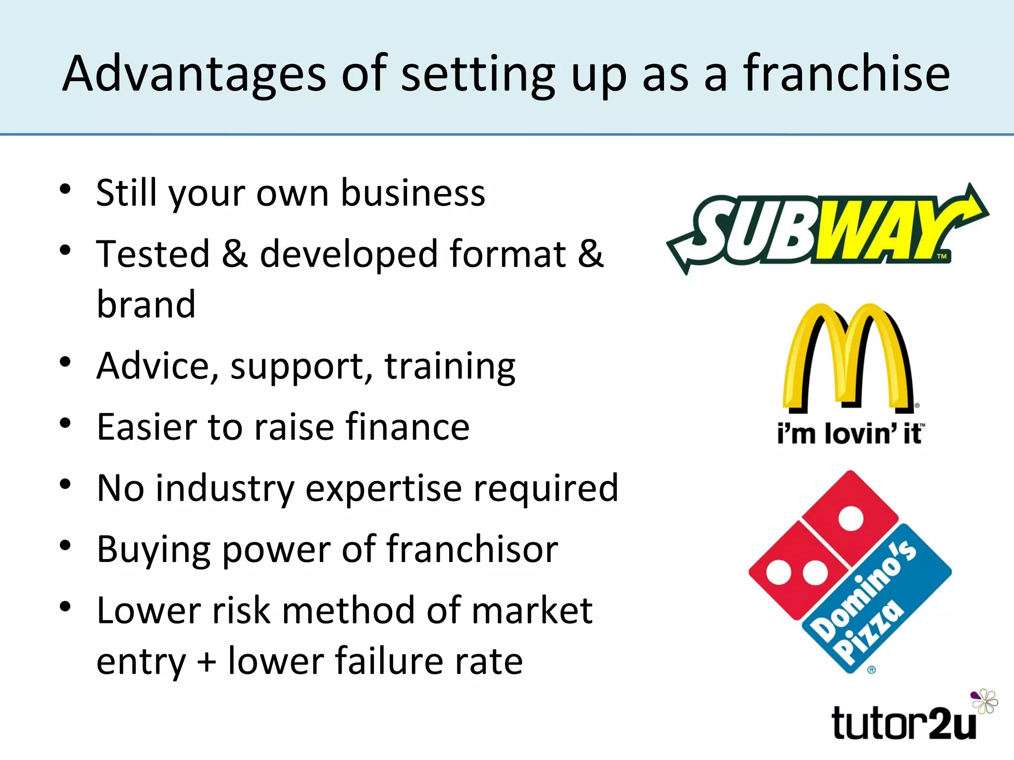 Advantages of setting up as a franchise

• Still your own business
• Tested & developed format &
  brand
• Advice, support, training
• Easier to raise finance
• No industry expertise required
• Buying power of franchisor
• Lower risk method of market
  entry + lower failure rate
 