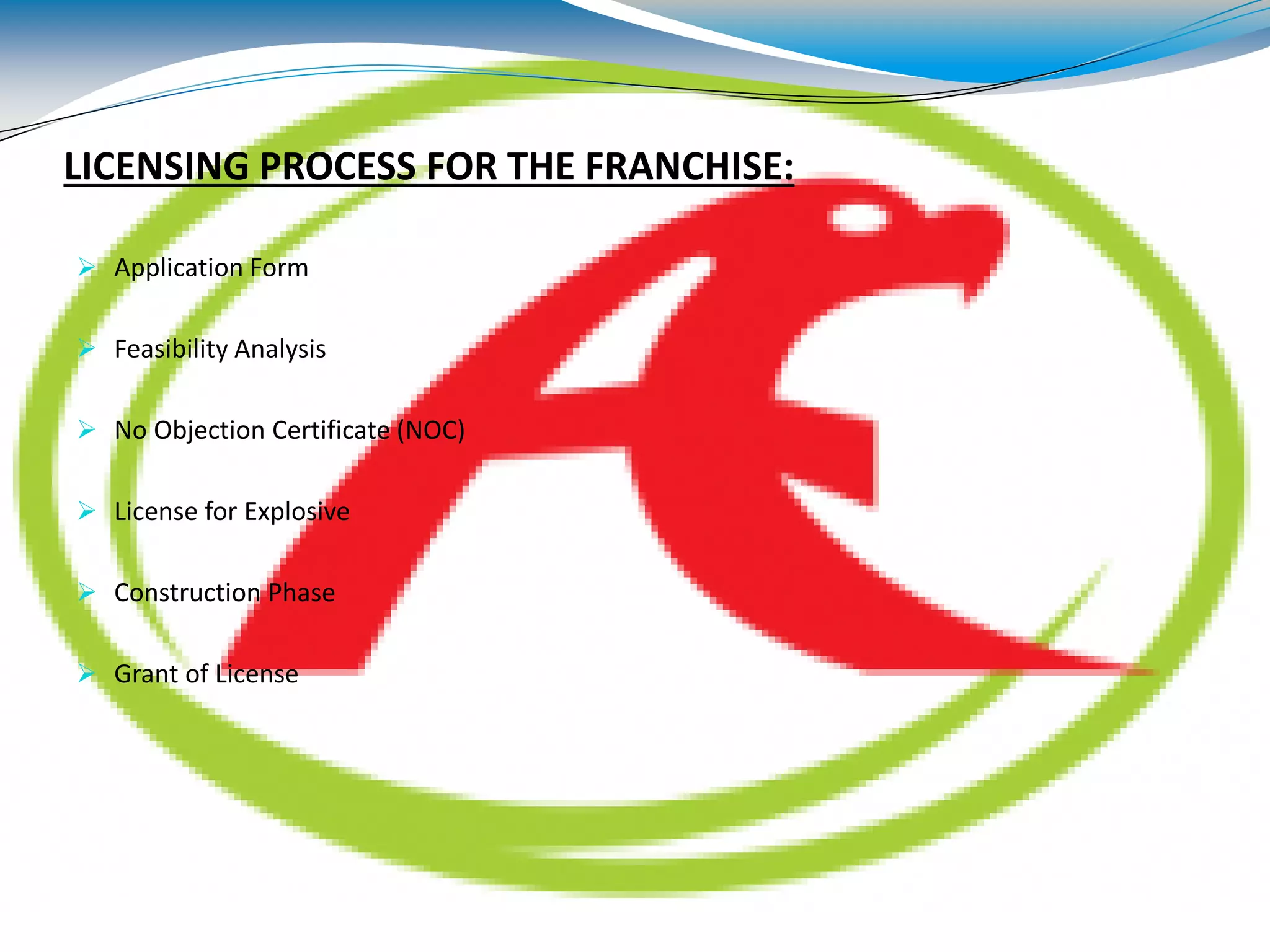 LICENSING PROCESS FOR THE FRANCHISE:
 Application Form
 Feasibility Analysis
 No Objection Certificate (NOC)
 License for Explosive
 Construction Phase
 Grant of License
 