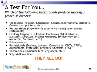 A Test For You… Which of the following backgrounds produce successful franchise owners? Tradesmen (Painters, Carpenters, Construction workers, Installers, Contractors, printers, etc.) Restaurateurs (Anyone with experience managing or owning restaurants) Lifelong Corporate or Federal Employees (Administrators, Managers, Directors, Project Managers, Service Providers, Marketers, Salesmen, etc.) Entrepreneurs  Professionals (Doctors, Lawyers, Consultants, CEO’s, CFO’s, Accountants, Professors/Teachers, Chemists, etc.) Technicians (Computer tech, engineers, etc.) Stay-at-Home Moms THEY ALL DO! 