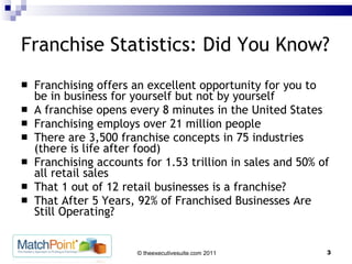 Franchise Statistics: Did You Know? Franchising offers an excellent opportunity for you to be in business for yourself but not by yourself A franchise opens every 8 minutes in the United States Franchising employs over 21 million people  There are 3,500 franchise concepts in 75 industries (there is life after food)  Franchising accounts for 1.53 trillion in sales and 50% of all retail sales  That 1 out of 12 retail businesses is a franchise?  That After 5 Years, 92% of Franchised Businesses Are Still Operating?  