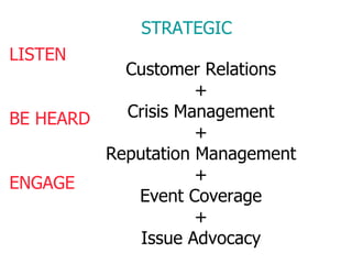Customer Relations + Crisis Management + Reputation Management + Event Coverage + Issue Advocacy STRATEGIC LISTEN BE HEARD ENGAGE 