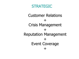 Customer Relations + Crisis Management + Reputation Management + Event Coverage + STRATEGIC 