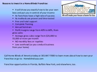 Reasons to invest in a Home Blinds Franchise:
 It will show you exactly how to be your own
boss and put you in control of your income
 Its franchises have a high rate of success
 Its methods are proven and time-tested
 Free and total support
 Complete Training
 Annual Seminars
 Profit margins range from 40% to 60%, from
gross sales
 Average gross sales range from $25,000 to
55,000 or more per month
 NO monthly fees or royalties
 Low overhead (as you conduct business
from your home)
Call Home Blinds of America today at 301-847-7000 to learn more about how to own your
Franchise or go to: Homeblindsusa.com
Franchise opportunities in Florida, Buffalo New York, and elsewhere, too.
 