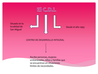CENTRO DE DESARROLLO INTEGRAL
Desde el año 1995
Situado en la
localidad de
San Miguel
Recibe personas, mujeres
embarazadas, niños y familias que
se encuentran en situaciones
límites de necesidades.
 