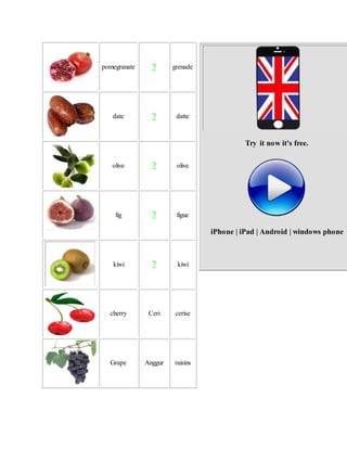 pomegranate ? grenade
date ? datte
olive ? olive
fig ? figue
kiwi ? kiwi
cherry Ceri cerise
Grape Anggur raisins
Try it now it's free.
iPhone | iPad | Android | windows phone
 