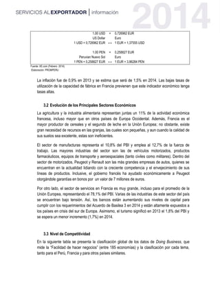 1,00 USD = 0,726962 EUR
US Dollar
↔
Euro
1 USD = 0,726962 EUR 1 EUR = 1,37555 USD
1.00 PEN = 0,258827 EUR
Peruvian Nuevo Sol
↔
Euro
1 PEN = 0,258827 EUR 1 EUR = 3,86284 PEN
Fuente: XE.com (Febrero 2014)
Elaboración: PROMPERU
La inflación fue de 0,9% en 2013 y se estima que será de 1,5% en 2014. Las bajas tasas de
utilización de la capacidad de fábrica en Francia previenen que este indicador económico tenga
tasas altas.
3.2 Evolución de los Principales Sectores Económicos
La agricultura y la industria alimentaria representan juntas un 11% de la actividad económica
francesa, incluso mayor que en otros países de Europa Occidental. Además, Francia es el
mayor productor de cereales y el segundo de leche en la Unión Europea; no obstante, existe
gran necesidad de recursos en las granjas, las cuales son pequeñas, y aun cuando la calidad de
sus suelos sea excelente, estas son ineficientes.
El sector de manufacturas representa el 10,8% del PBI y emplea al 12,7% de la fuerza de
trabajo. Las mayores industrias del sector son las de vehículos motorizados, productos
farmacéuticos, equipos de transporte y aeroespaciales (tanto civiles como militares). Dentro del
sector de motorizados, Peugeot y Renault son las más grandes empresas de autos, quienes se
encuentran en la actualidad lidiando con la creciente competencia y el envejecimiento de sus
líneas de productos. Inclusive, el gobierno francés ha ayudado económicamente a Peugeot
otorgándole garantías en bonos por un valor de 7 millones de euros.
Por otro lado, el sector de servicios en Francia es muy grande, incluso para el promedio de la
Unión Europea, representando el 78,1% del PBI. Varias de las industrias de este sector del país
se encuentran bajo tensión. Así, los bancos están aumentando sus niveles de capital para
cumplir con los requerimientos del Acuerdo de Basilea 3 en 2014 y están altamente expuestos a
los países en crisis del sur de Europa. Asimismo, el turismo significó en 2013 el 1,8% del PBI y
se espera un menor incremento (1,7%) en 2014.
3.3 Nivel de Competitividad
En la siguiente tabla se presenta la clasificación global de los datos de Doing Business, que
mide la “Facilidad de hacer negocios” (entre 185 economías) y la clasificación por cada tema,
tanto para el Perú, Francia y para otros países similares.
 