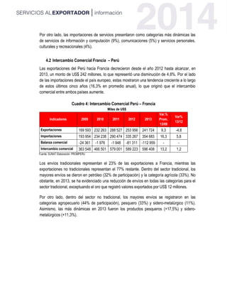 Por otro lado, las importaciones de servicios presentaron como categorías más dinámicas las
de servicios de información y computación (9%), comunicaciones (5%) y servicios personales,
culturales y recreacionales (4%).
4.2 Intercambio Comercial Francia – Perú
Las exportaciones del Perú hacia Francia decrecieron desde el año 2012 hasta alcanzar, en
2013, un monto de US$ 242 millones, lo que representó una disminución de 4,8%. Por el lado
de las importaciones desde el país europeo, estas mostraron una tendencia creciente a lo largo
de estos últimos cinco años (16,3% en promedio anual), lo que originó que el intercambio
comercial entre ambos países aumente.
Cuadro 4: Intercambio Comercial Perú – Francia
Miles de US$
Indicadores 2009 2010 2011 2012 2013
Var.%
Prom.
13/09
Var%
13/12
Exportaciones 169 593 232 263 288 527 253 956 241 724 9,3 -4,8
Importaciones 193 954 234 238 290 474 335 267 354 683 16,3 5,8
Balanza comercial -24 361 -1 976 -1 948 -81 311 -112 959 - -
Intercambio comercial 363 548 466 501 579 001 589 223 596 408 13,2 1,2
Fuente: SUNAT Elaboración: PROMPERU
Los envíos tradicionales representan el 23% de las exportaciones a Francia, mientras las
exportaciones no tradicionales representan el 77% restante. Dentro del sector tradicional, los
mayores envíos se dieron en petróleo (32% de participación) y la categoría agrícola (33%). No
obstante, en 2013, se ha evidenciado una reducción de envíos en todas las categorías para el
sector tradicional, exceptuando el oro que registró valores exportados por US$ 12 millones.
Por otro lado, dentro del sector no tradicional, los mayores envíos se registraron en las
categorías agropecuario (44% de participación), pesquero (33%) y sidero-metalúrgico (11%).
Asimismo, las más dinámicas en 2013 fueron los productos pesqueros (+17,5%) y sidero-
metalúrgicos (+11,3%).
 